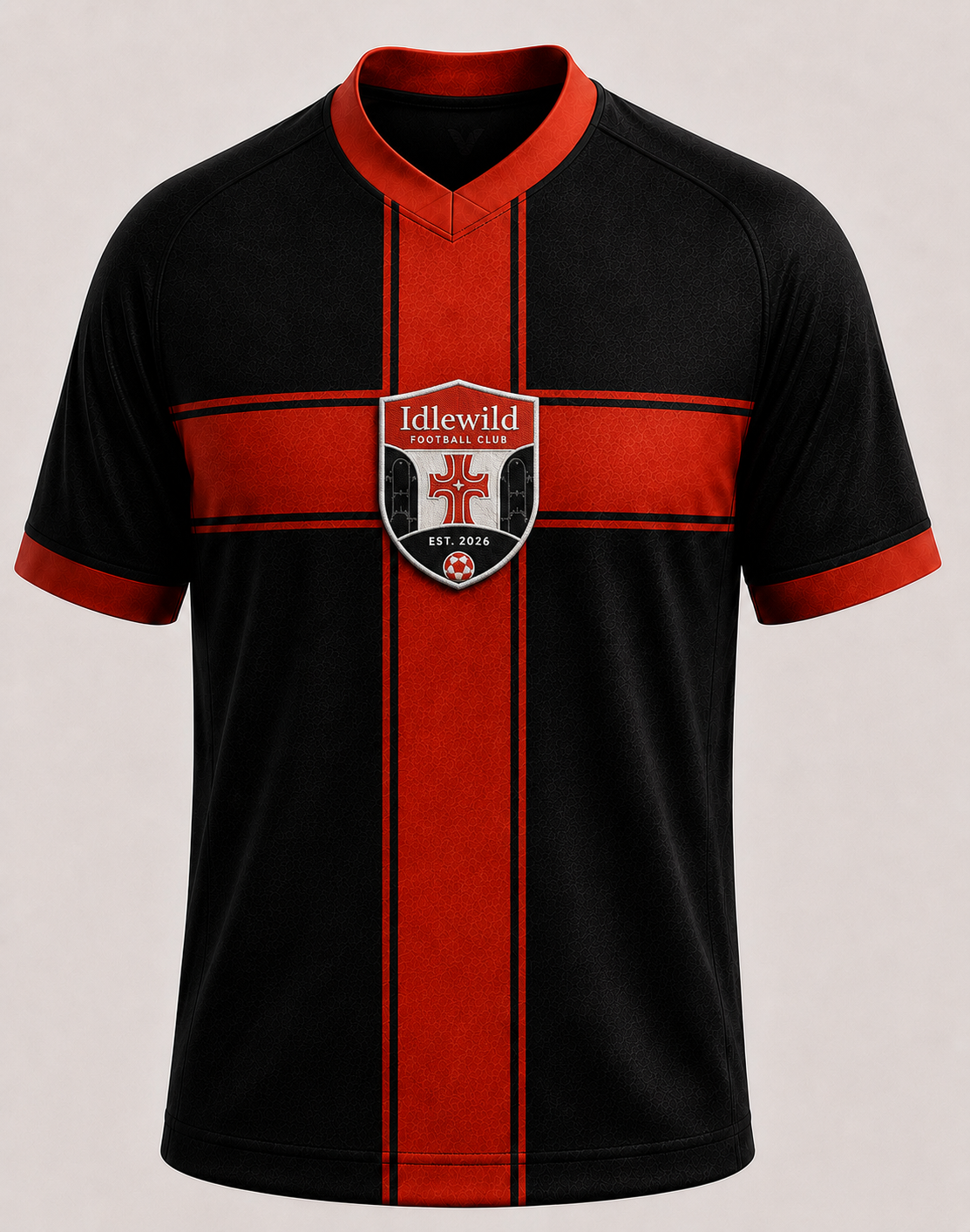 Idlewild FC 2026 jersey — black with red cross and club crest